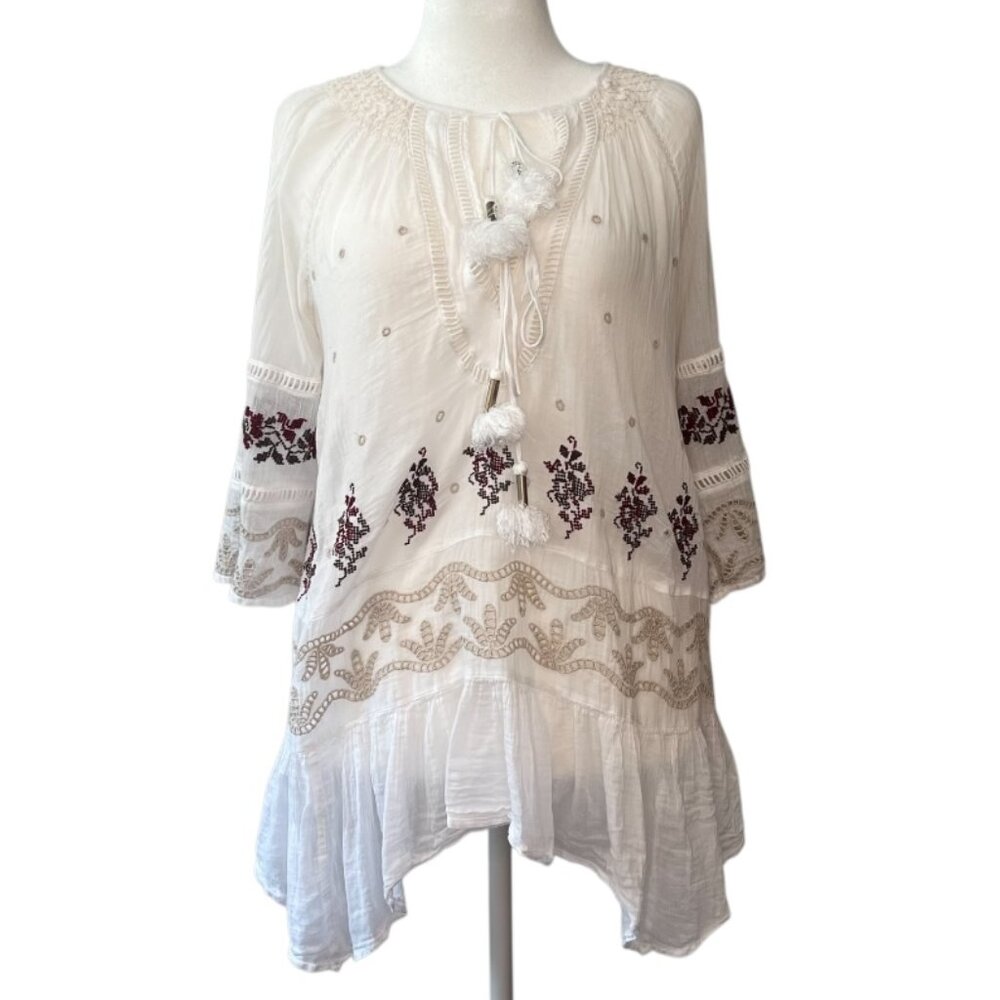 FREE PEOPLE | Pre-Loved Boho Embroidered Cream Tunic Top – Size M - GWP